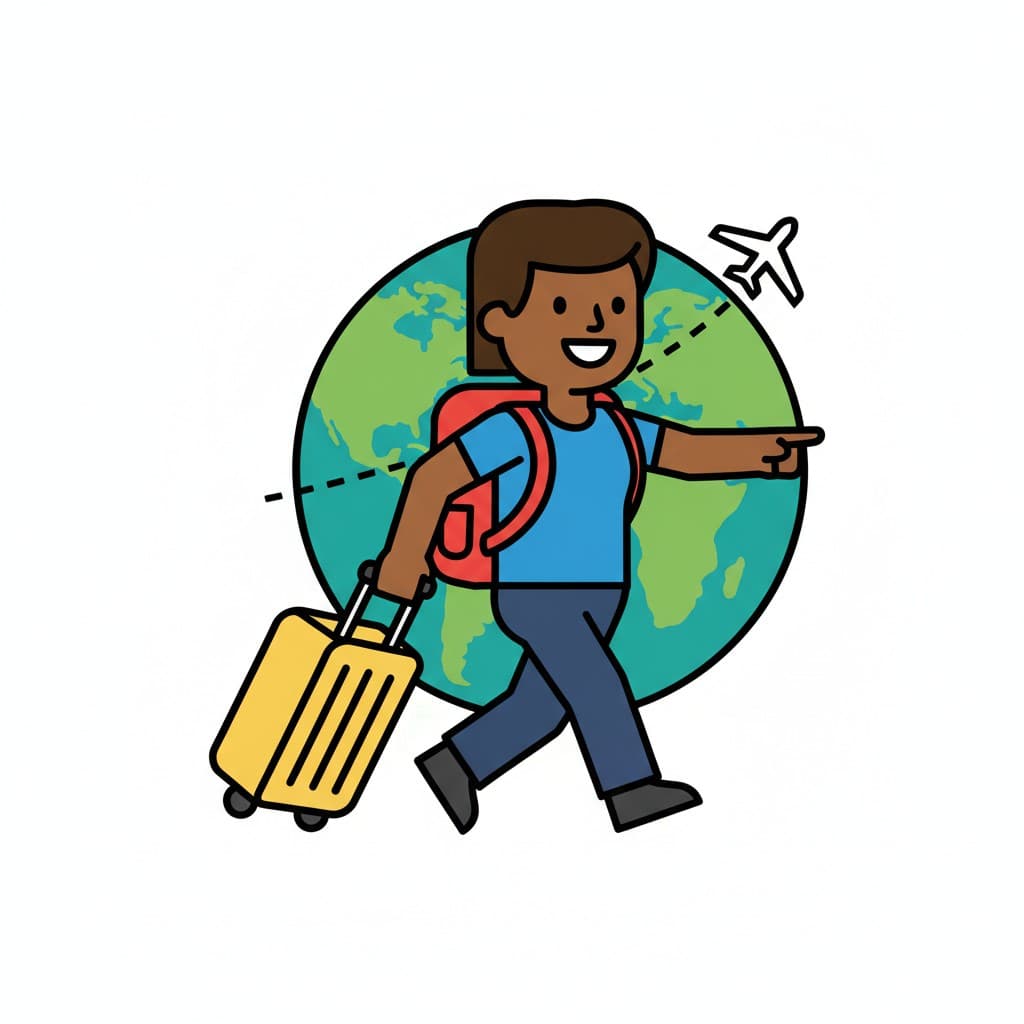 A person walks with a rolling suitcase and a backpack. A large globe and an airplane are in the background.
