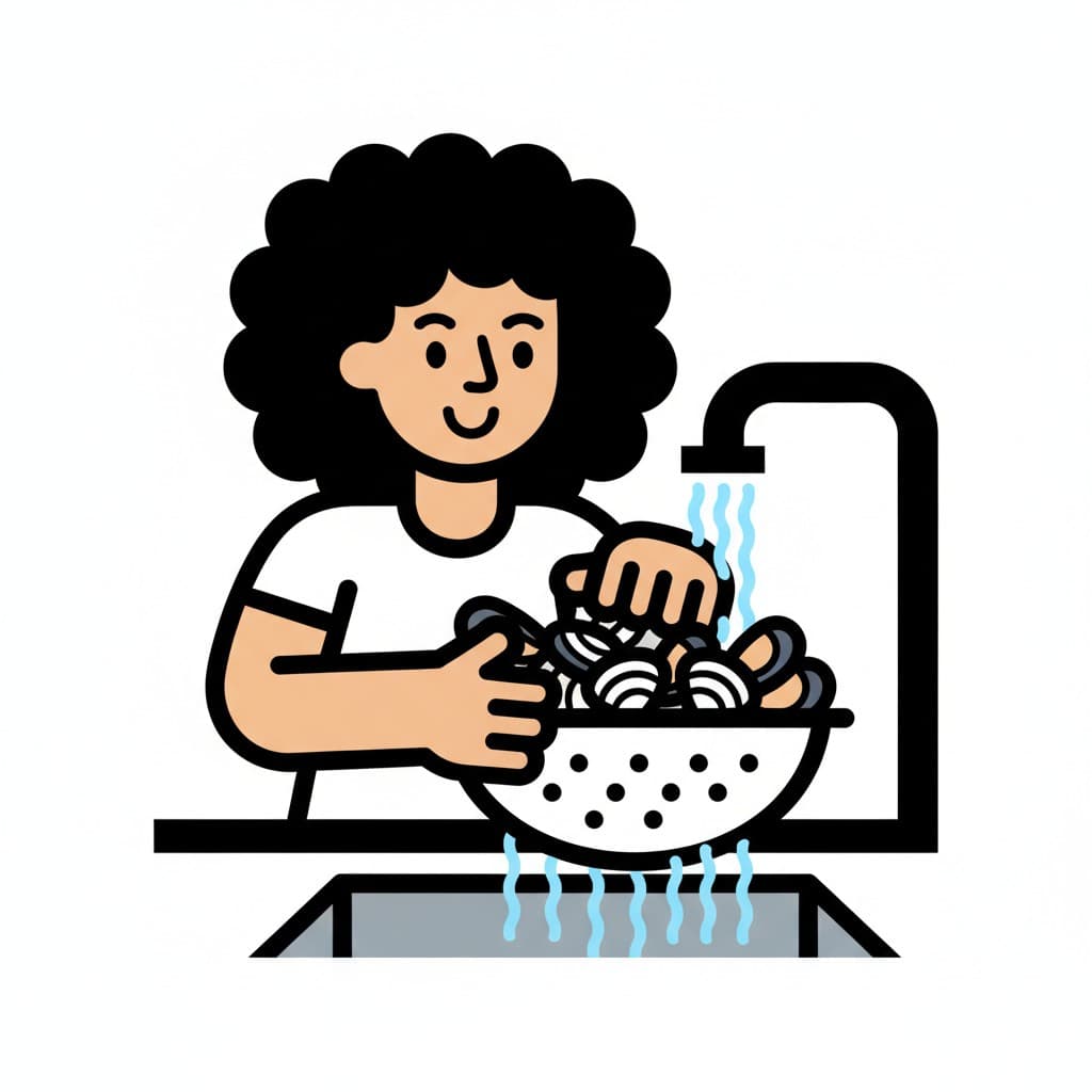 En illustration av en person som tvättar musslor i ett durkslag under rinnande vatten.