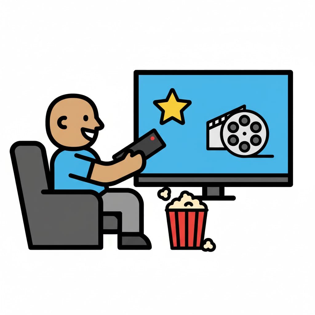 A person sits in an armchair, holding a remote control and smiling, while watching a television screen displaying a film reel and a star. A bucket of popcorn is on the floor next to the TV.