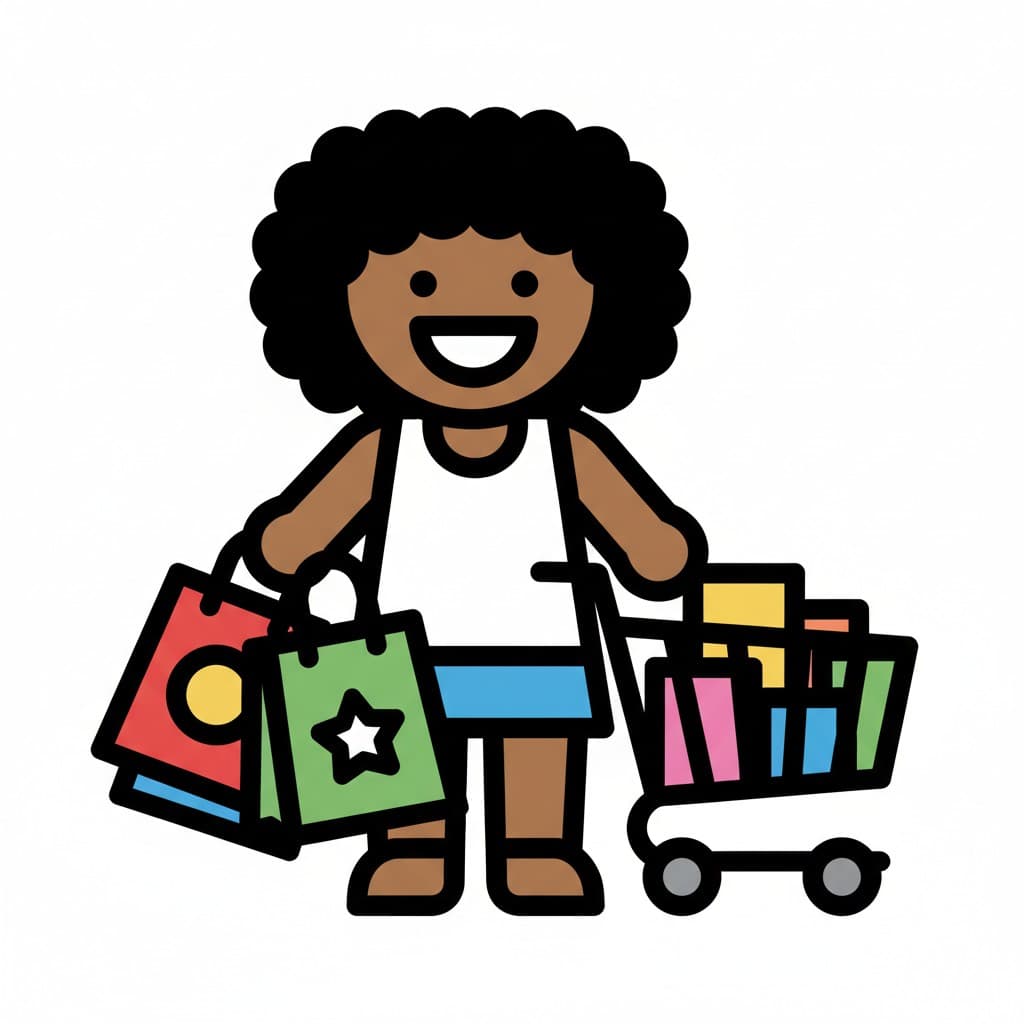 En person med lockigt hår, iklädd vitt linne och blåa shorts, håller i två fulla shoppingkassar och står bredvid en kundvagn med fler varor.