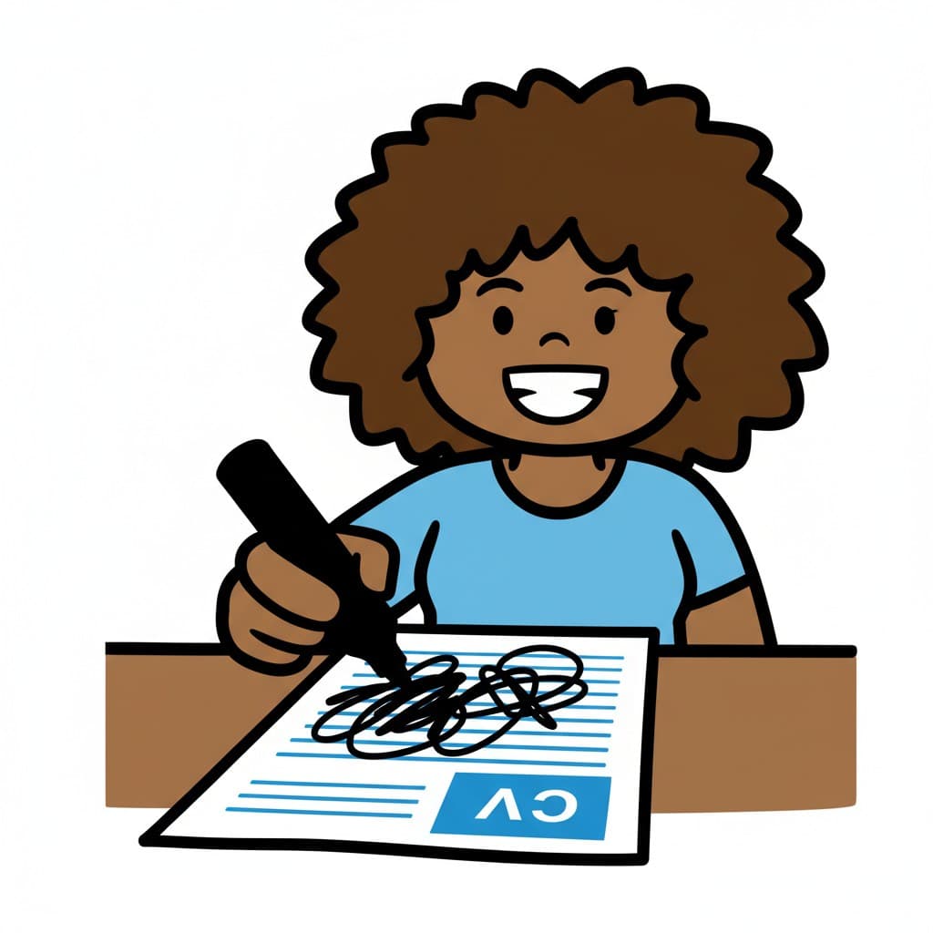 A person with curly hair writes on a CV document with a marker pen.
