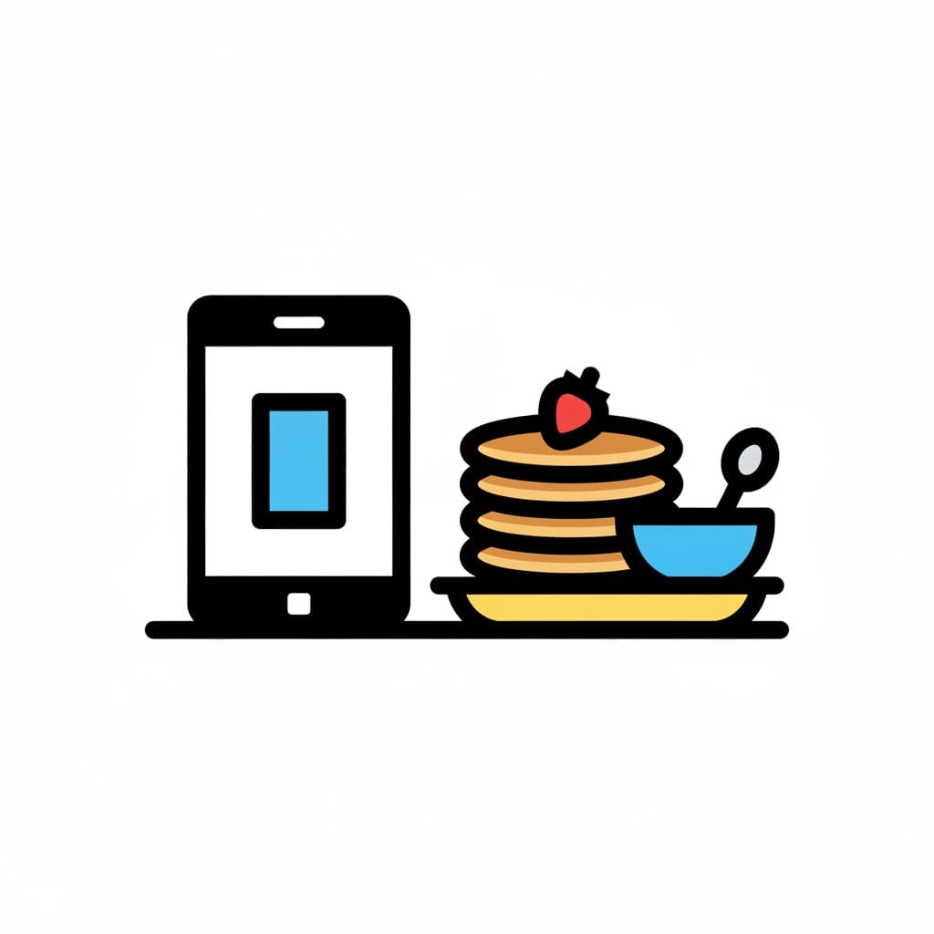 En smartphone står bredvid en stapel pannkakor med en jordgubbe och en skål med sked.