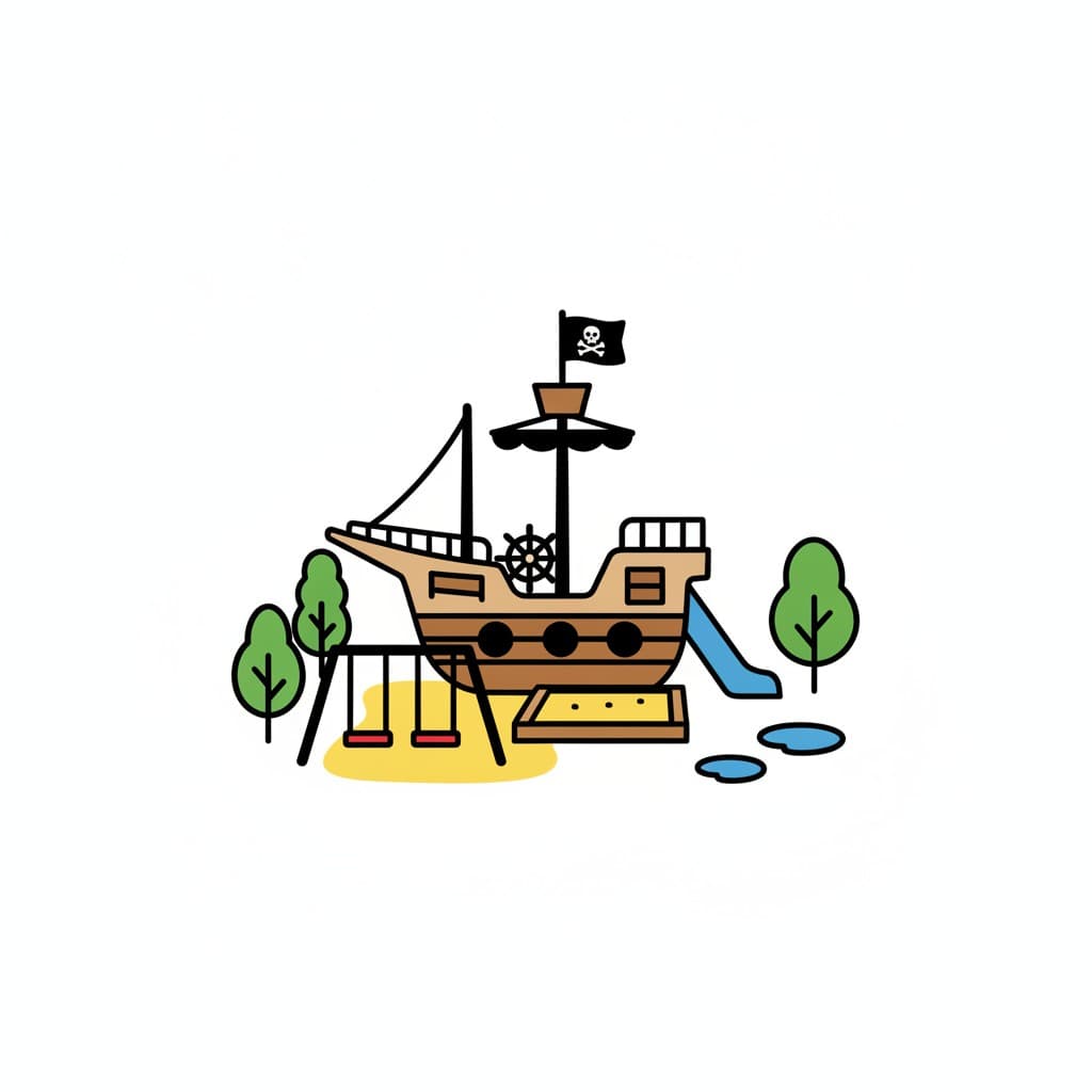 A playground shaped like a pirate ship with a slide, swings and sandbox surrounded by trees.