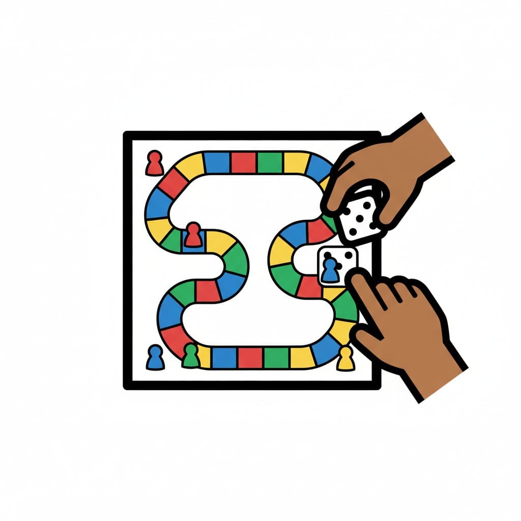 Två händer kastar tärning och flyttar pjäser på ett färgglatt brädspel.