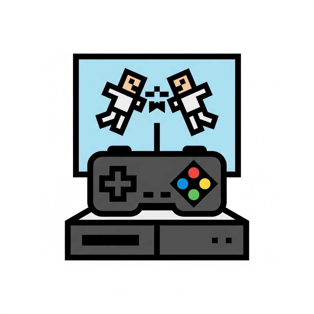 En bild som visar en TV-spelskonsol, en handkontroll och två figurer som slåss på en skärm.