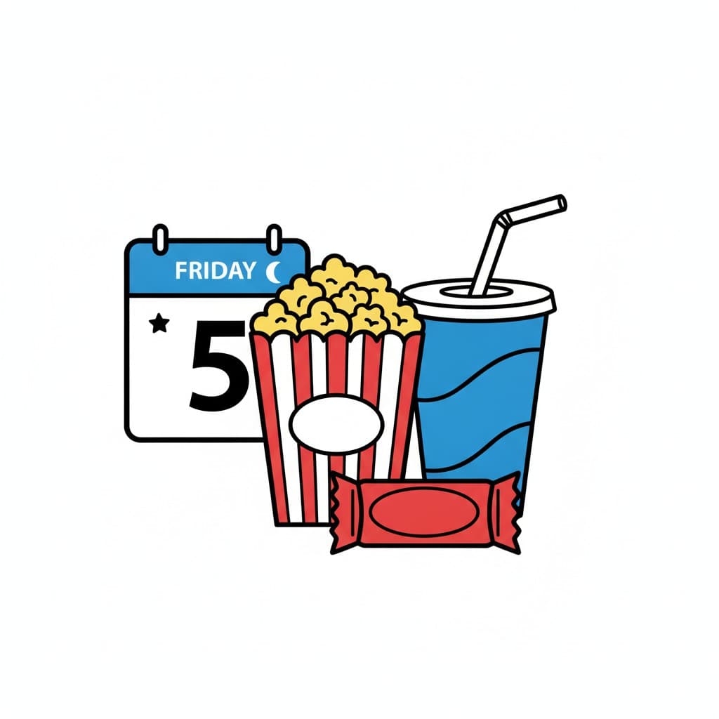 Popcorn, en läsk med sugrör och godis bredvid en kalender som visar fredag.