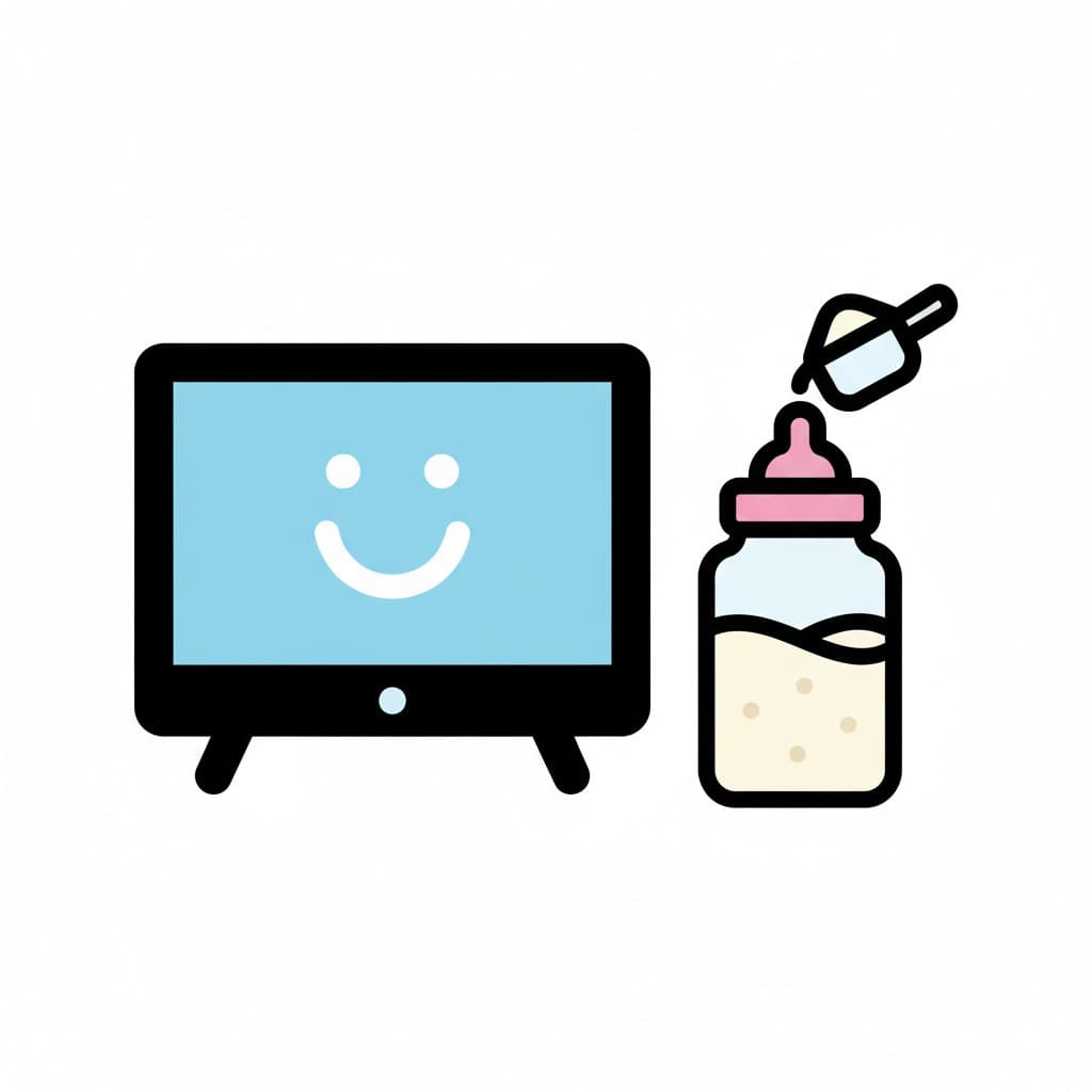 En tv-skärm med ett leende ansikte bredvid en nappflaska där mjölkersättningspulver hälls i med en skopa.