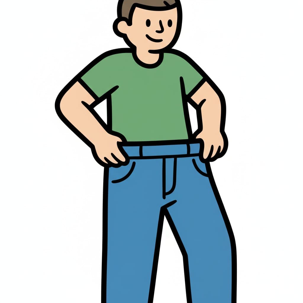 A smiling person pulls up a pair of blue pants with both hands.