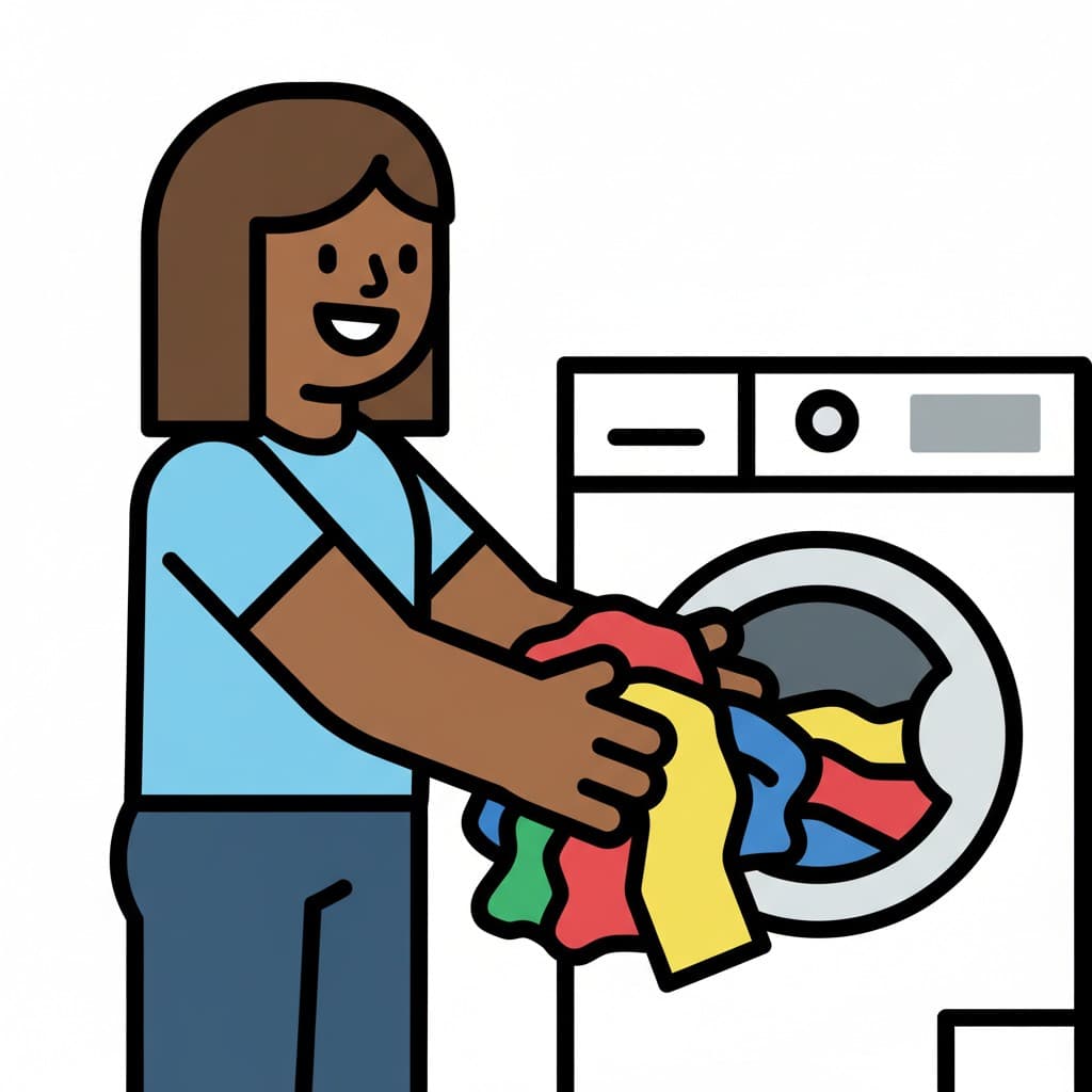A person putting colorful clothes into a washing machine.