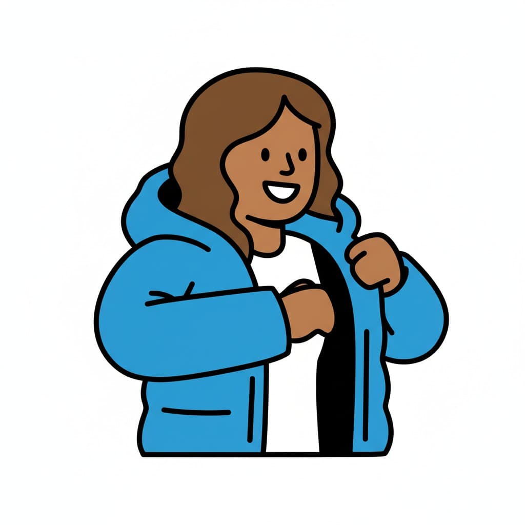 Eine Person zieht eine blaue Jacke an.