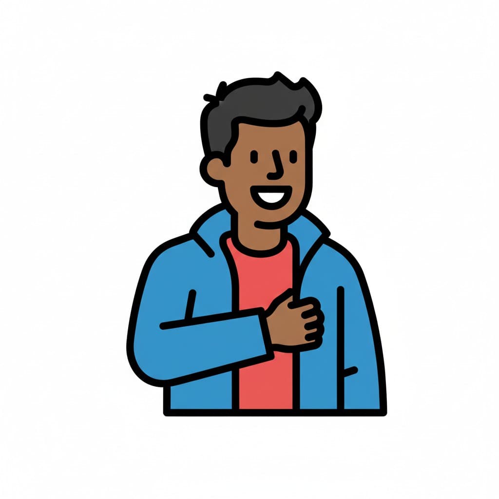 A smiling person puts on a blue jacket over a red shirt.