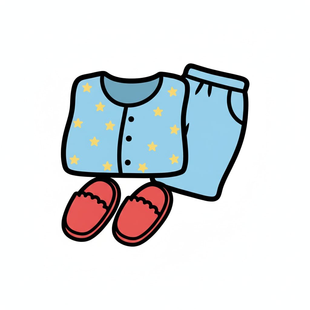 A light blue pyjama set with yellow stars and red slippers.
