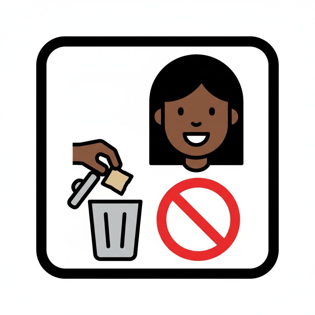 A symbol showing a happy woman, a hand discarding a snus portion into a trash can, and a red prohibition sign. The image illustrates quitting snus use.