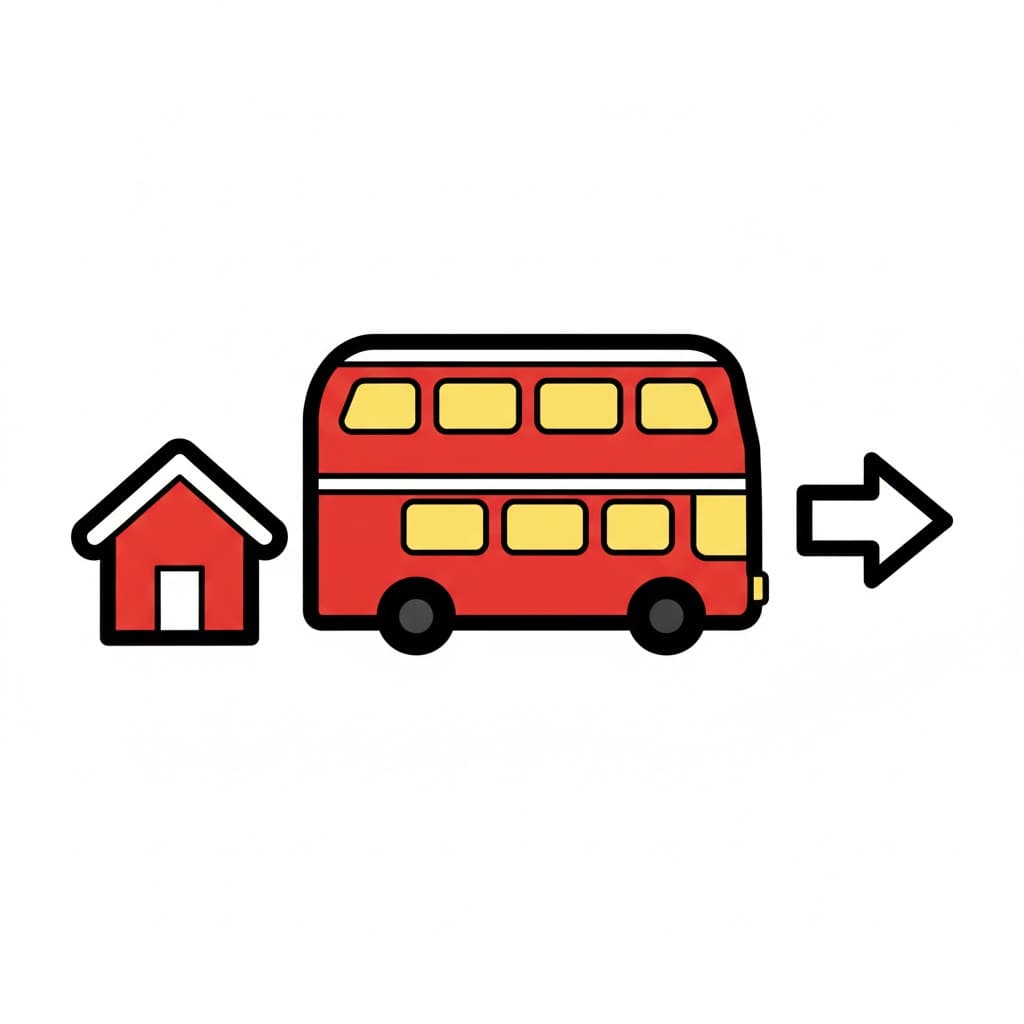 Icon showing a red bus and a house with an arrow.