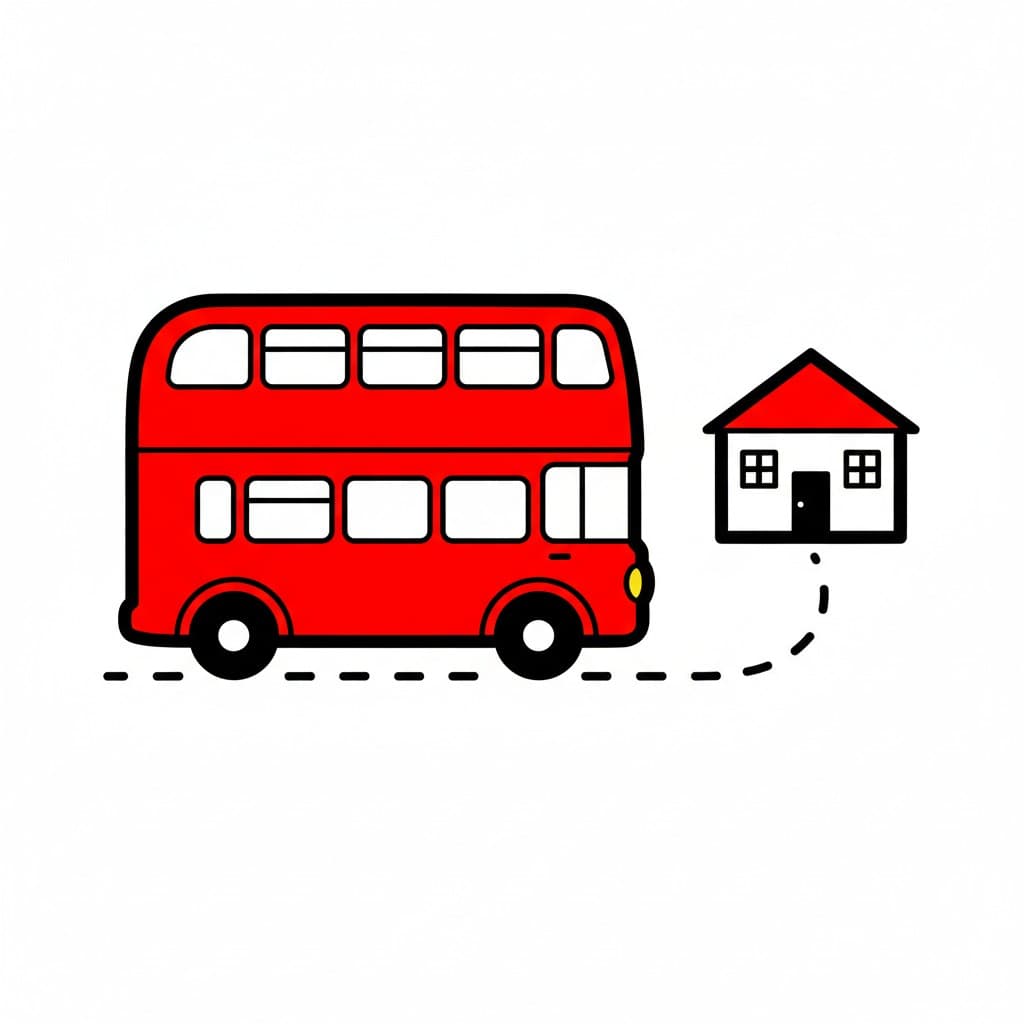 A red bus with a dashed line leading towards a house.