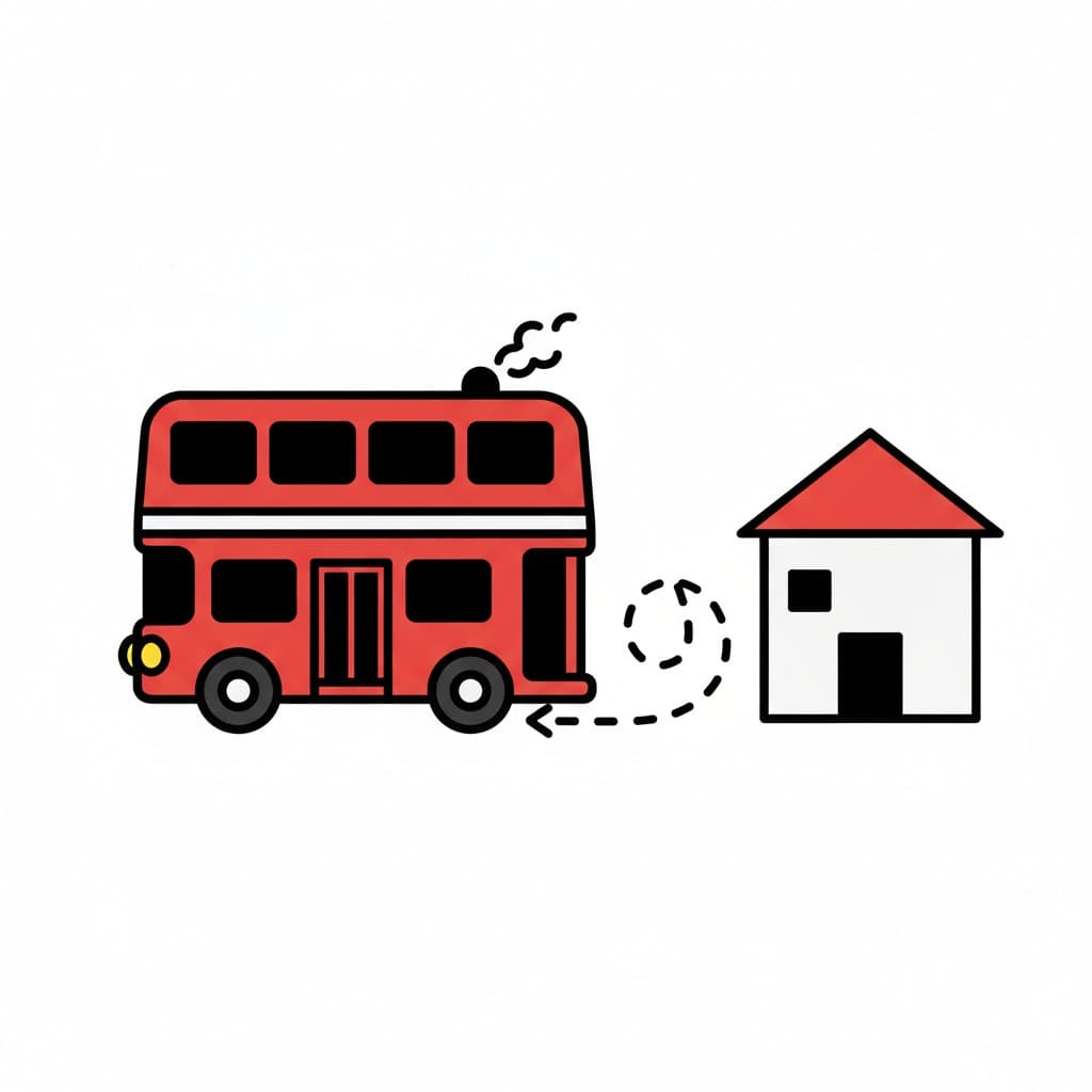 A red bus driving towards a house along a dashed line.