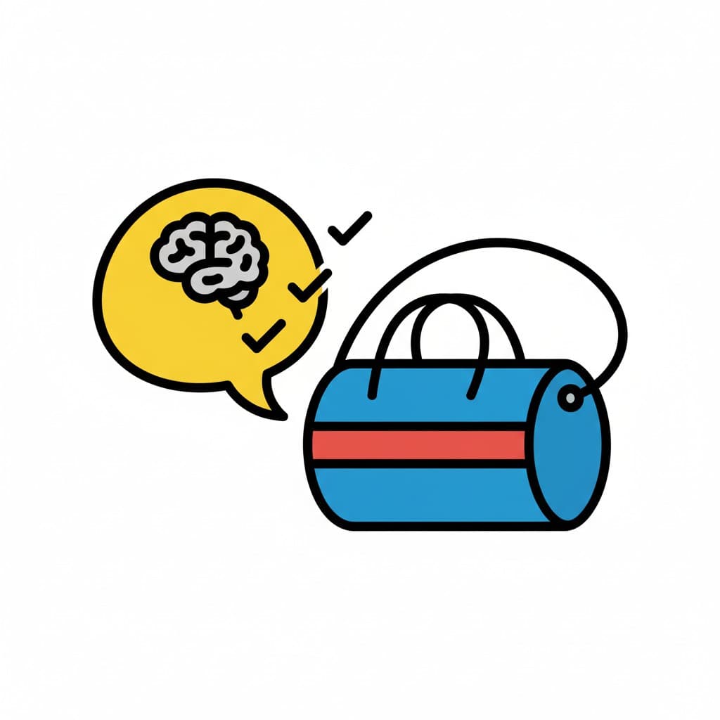 Illustrasjon av en gymbag med en tankeboble som viser en hjerne og avkrysningsmerker.