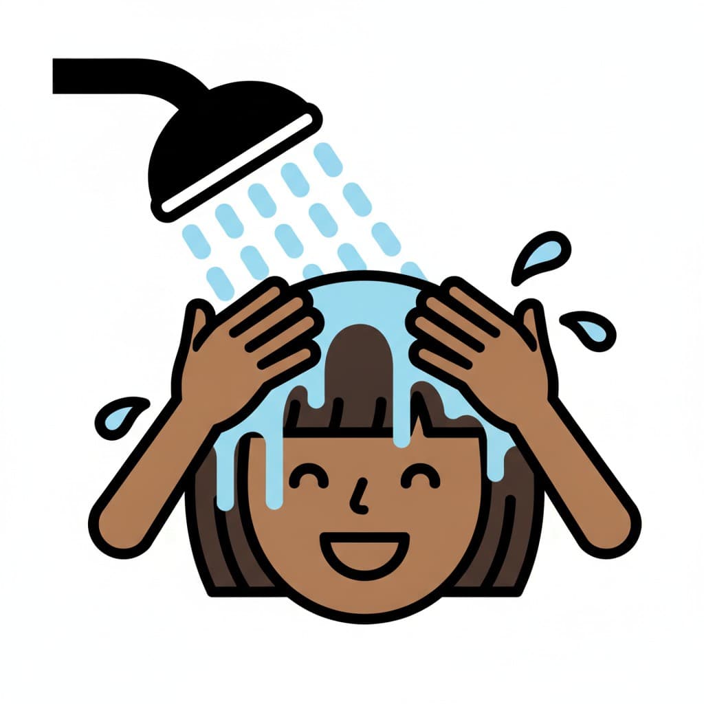 Ein Kind spült die Haare mit beiden Händen unter der Dusche aus.