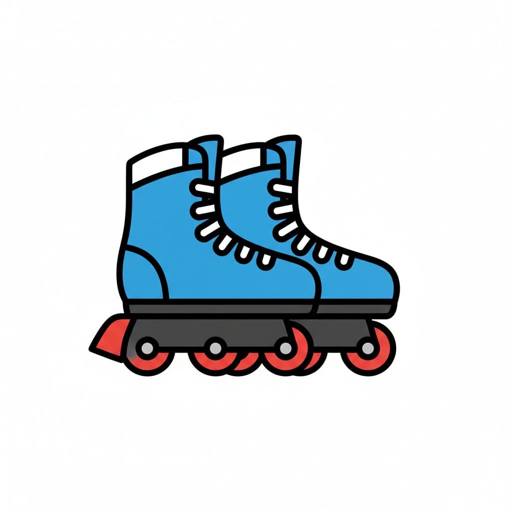 A pair of blue roller skates with red wheels and white laces.