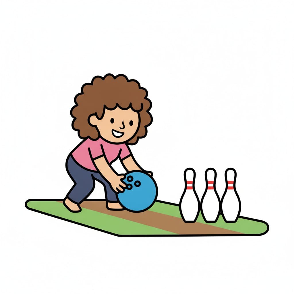 Et barn holder en blå bowlingkugle og sigter mod tre kegler på en græsbane.
