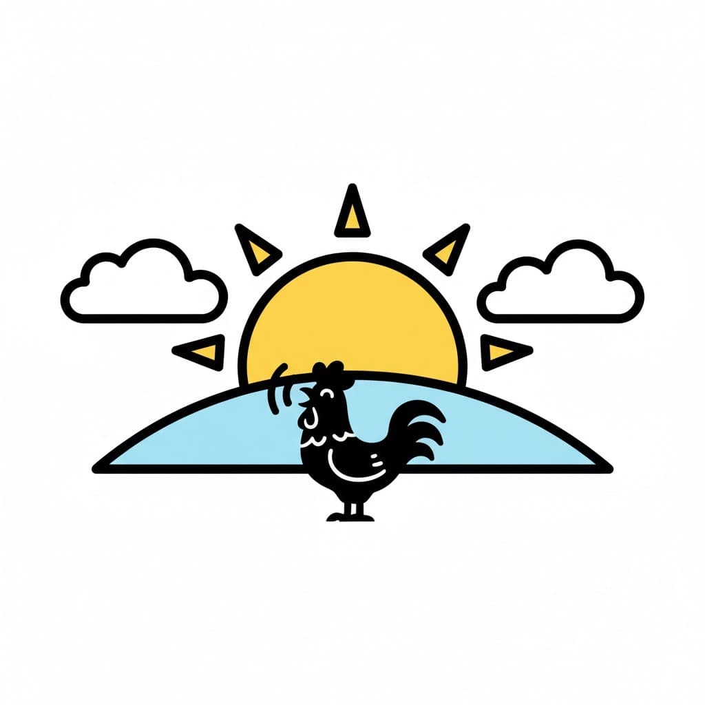 En svart tupp gal när den gula solen går upp över en blå horisont med vita moln.