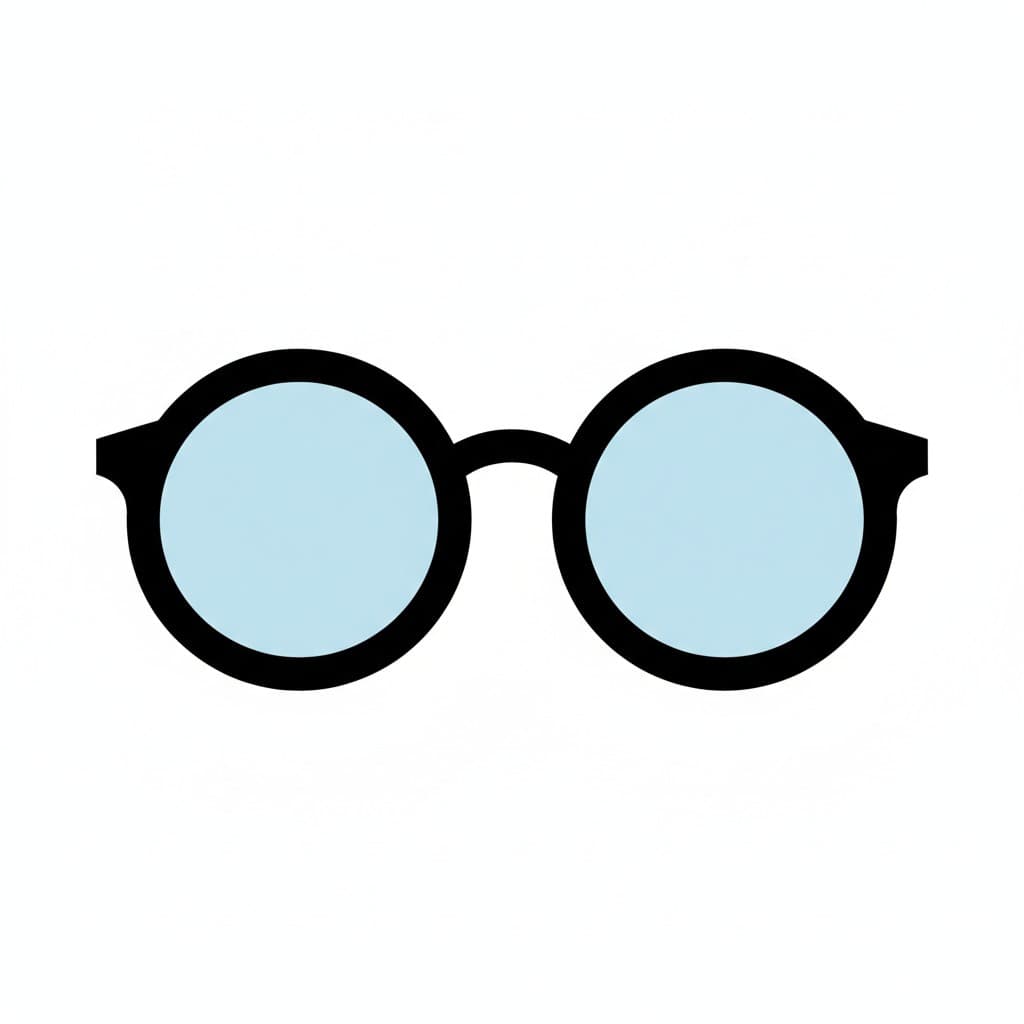 Ett par runda glasögon med svarta bågar och ljusblå glas.