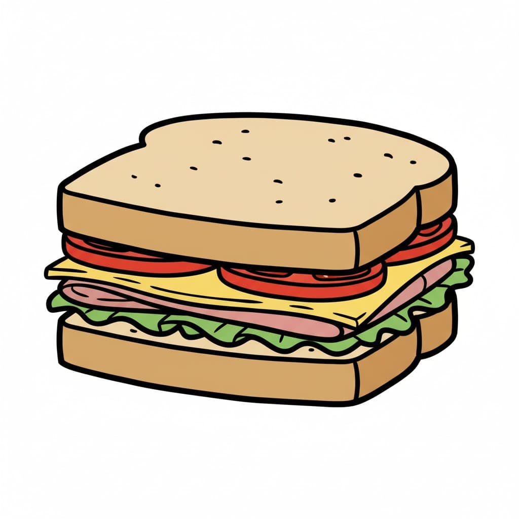 A sandwich with cheese, ham, lettuce, and tomato.