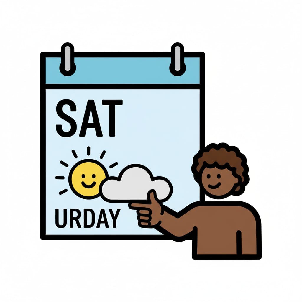 En kalender med texten lördag och en pojke som pekar på den.