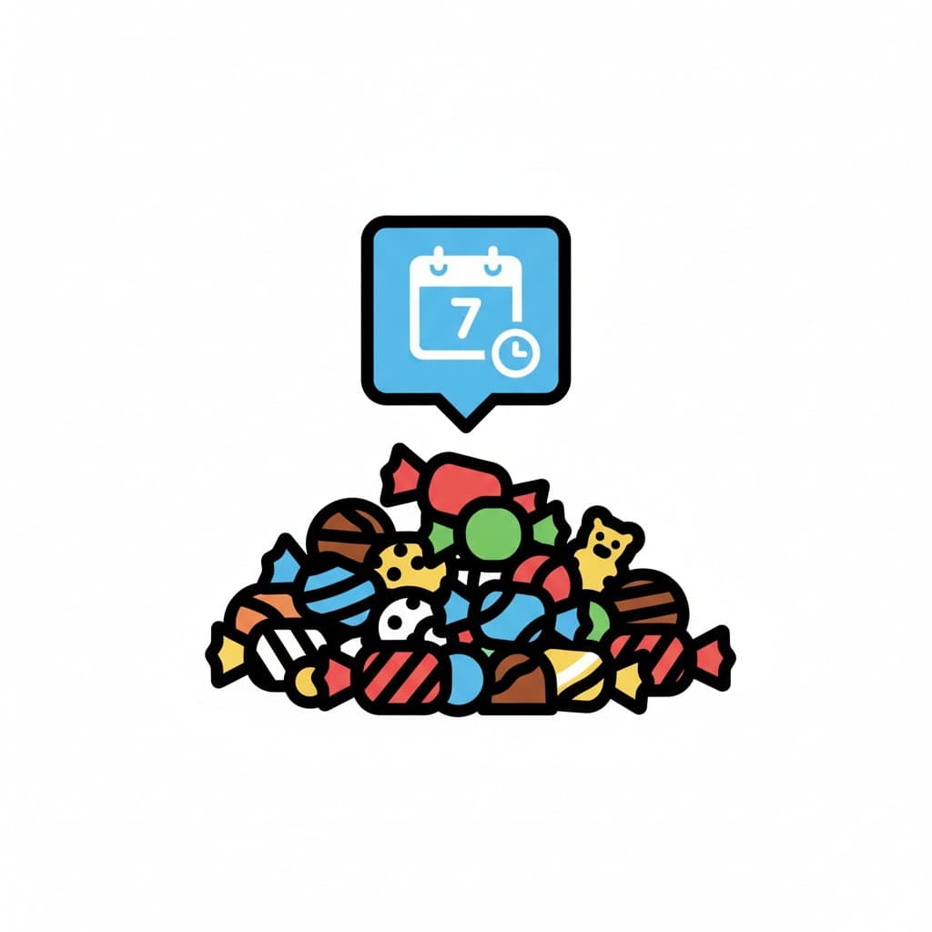 A large pile of candy with a calendar icon showing the number 7 and a clock above it.