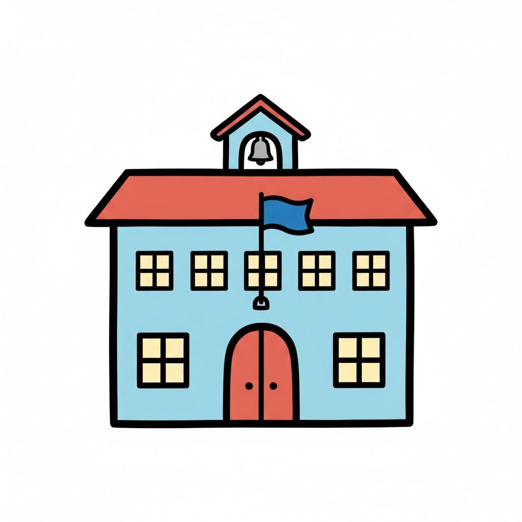 A cartoon illustration of a light blue school building with a red roof, a bell tower, and a blue flag flying from the front. Represents school.