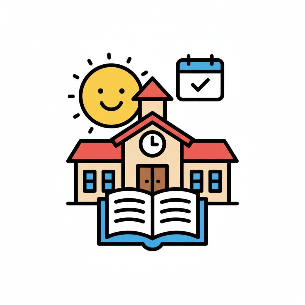 A school-like building with a clock, an open book, a smiling sun, and a calendar with a checkmark.