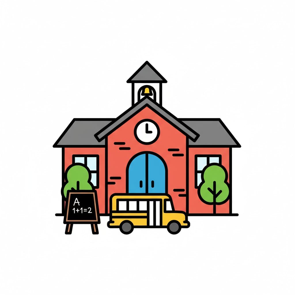 A cartoon illustration of a red school building with a bell on the roof, a yellow school bus in front, and a blackboard with the equation "1+1=2" next to it.