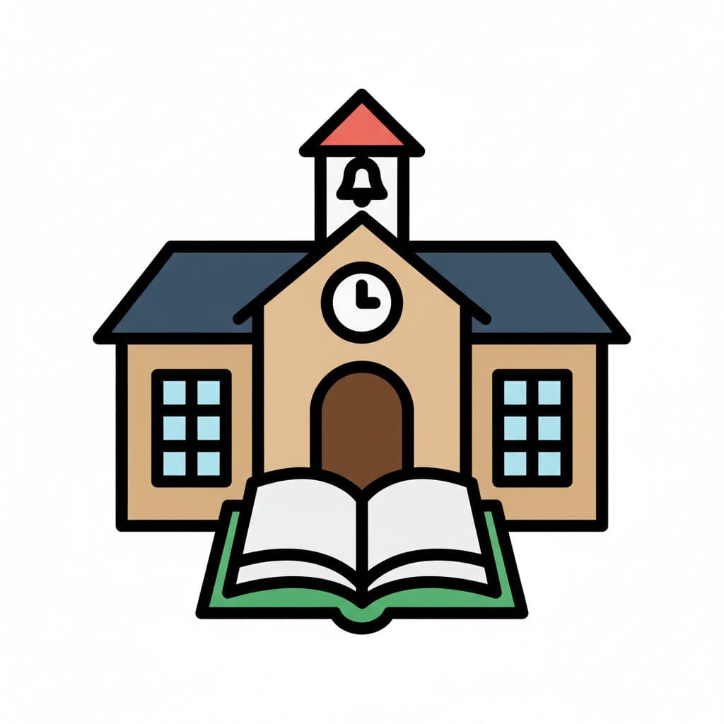 Koulurakennuksen sarjakuva, jossa on kello tornissa ja avoin kirja edessä. Edustaa koulua ja oppimista.