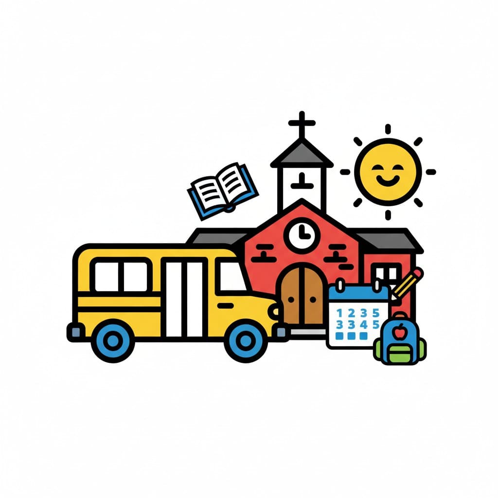 A school bus, a school-like building with a clock, an open book, a calendar, a backpack, a pencil, and a smiling sun.