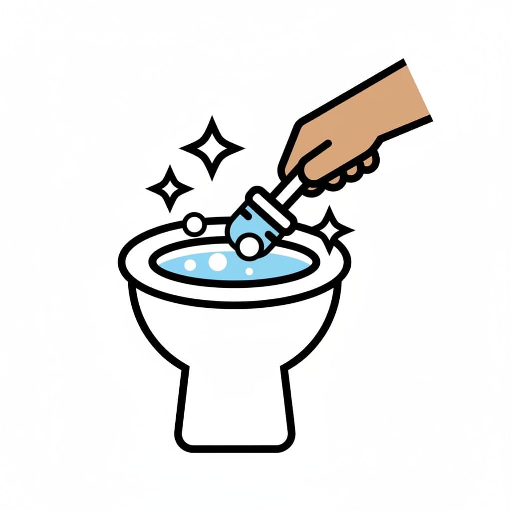 A hand scrubs the inside of a toilet bowl with a toilet brush, with blue water and sparkles around it.