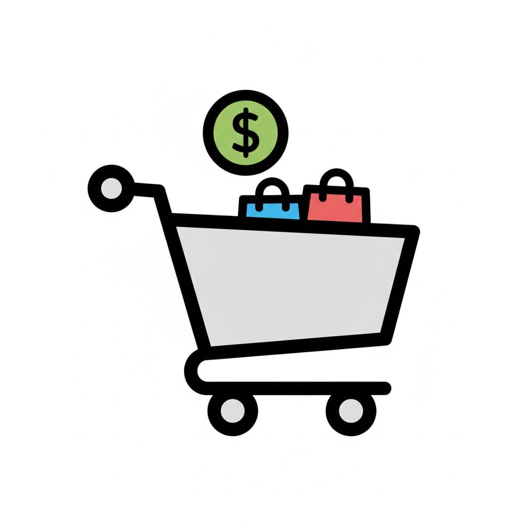 En kundvagn som innehåller två små shoppingpåsar, med ett grönt dollartecken svävande ovanför vagnen.