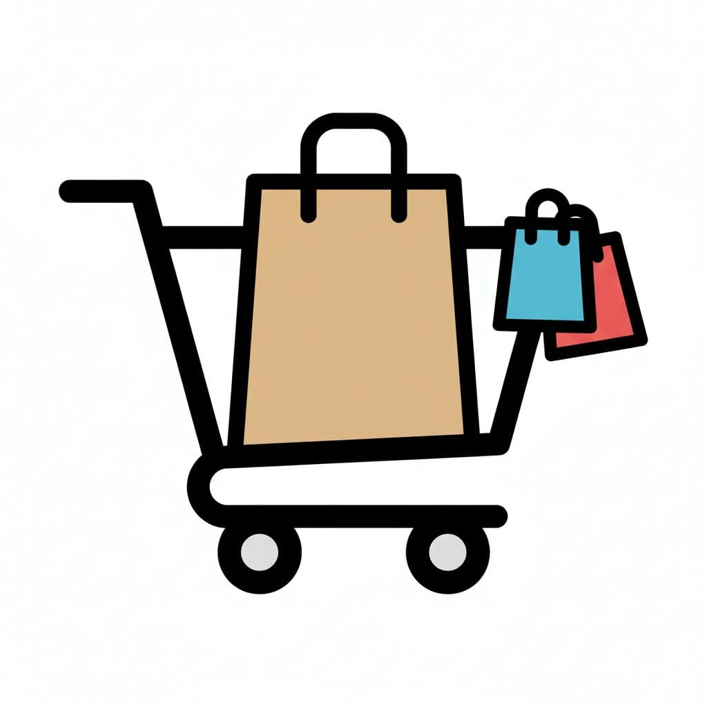 En kundvagn som rymmer en stor brun papperspåse och två mindre färgglada shoppingpåsar.