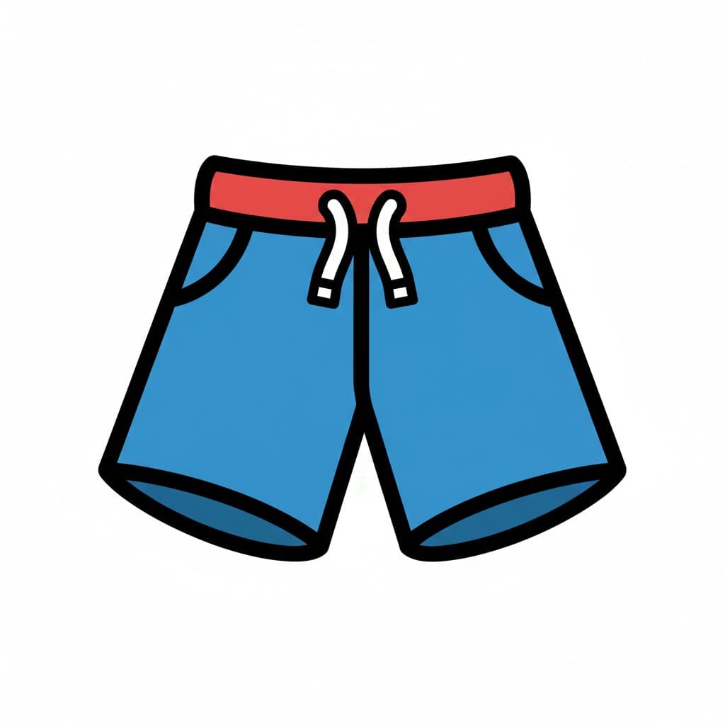 En illustrasjon av et par blå shorts med rød linning og hvit snor.