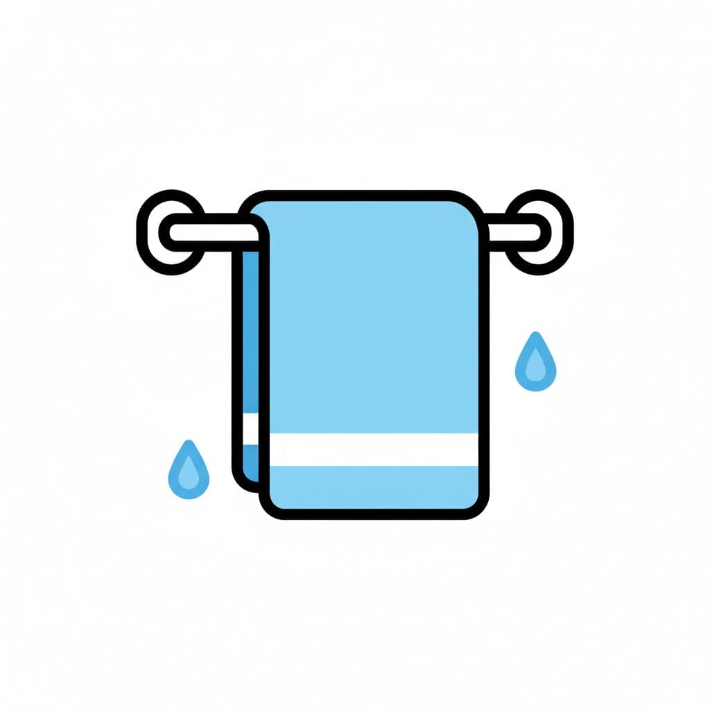 En blå handduk hänger på en handdukshållare med vattendroppar runt.