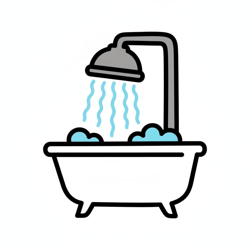 An illustration of a shower with water spraying into a bathtub that has bubbles.