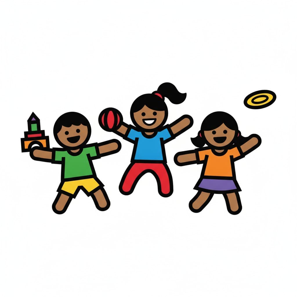 Drei Kinder spielen fröhlich zusammen mit einem Ball und einer Frisbee
