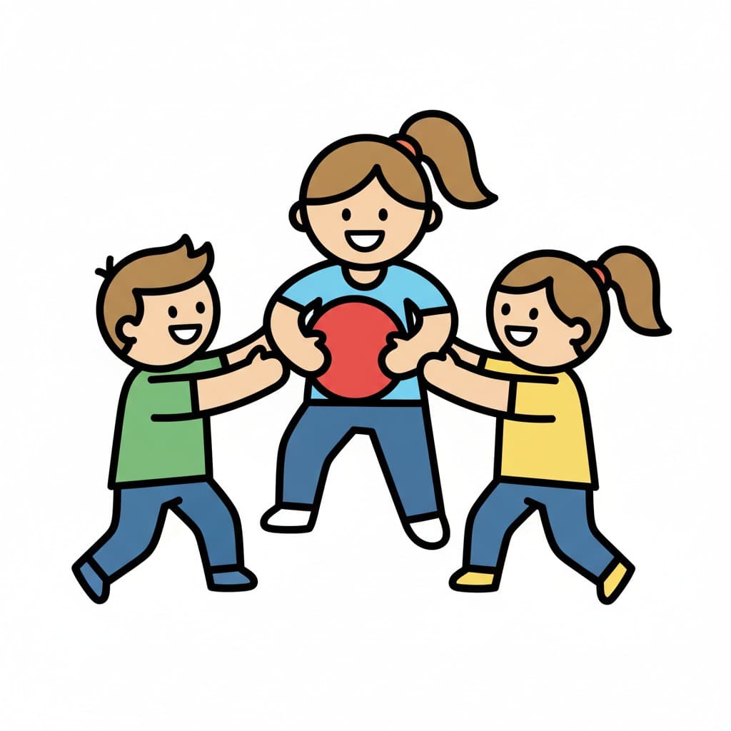 Drei Kinder spielen zusammen und halten einen roten Ball