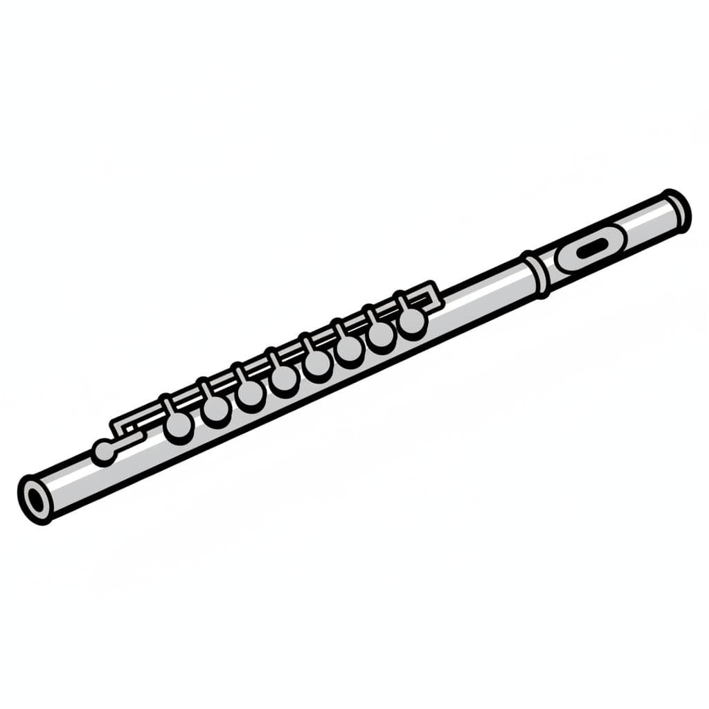 A silver flute lies diagonally across the picture with its keys and mouthpiece clearly visible.