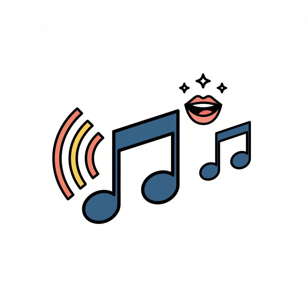 Illustration von Musiknoten, Schallwellen und Lippen, die Gesang darstellen.