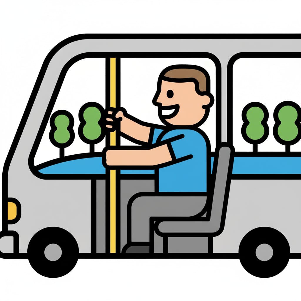 A smiling child sits in a seat inside a grey bus holding a pole.