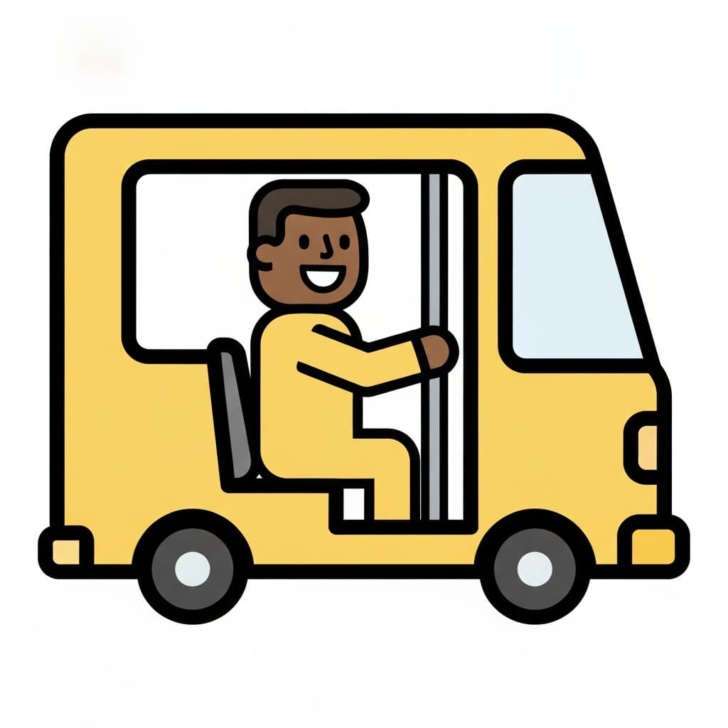 A smiling child sits inside a yellow bus by the window holding a pole.