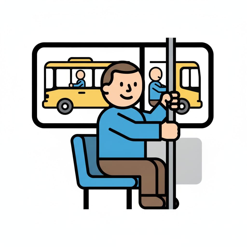 A child sits on a bus seat holding a pole, with a bus visible through the window.