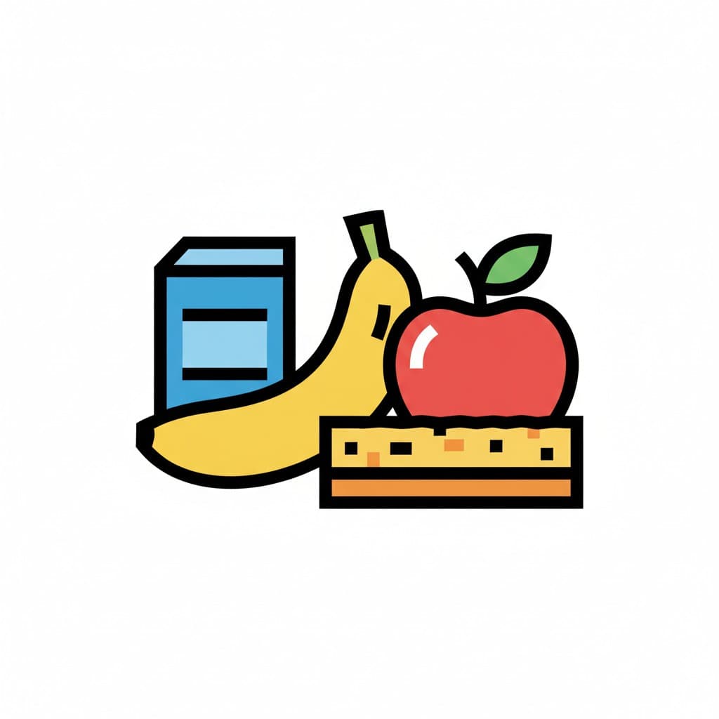 En banan, ett rött äpple, en juiceförpackning och en bit kaka eller bröd.