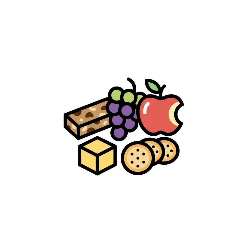 Ett urval av mellanmål: en müslibar, gröna vindruvor, ett anbitet äpple, en ostkub och tre kex.