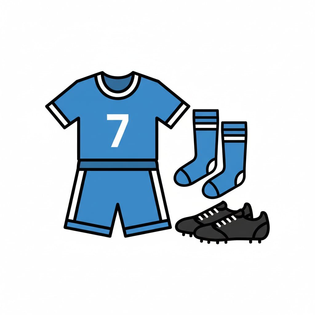 En blå fodboldtrøje med nummer 7, blå shorts, blå fodboldstrømper og sorte fodboldstøvler.